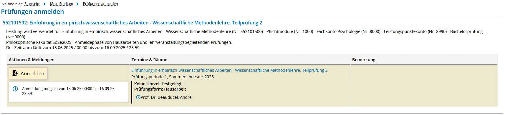 Prüfungsanmeldung EXA